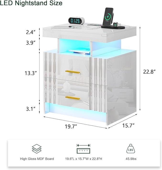 Nightstand with Wireless Charging Station, Bedroom Bedside Table with RGB Lights, Smart Night Stand with 2 Drawers, Bedside Tables Modern Bedside Table for Bedroom, Living Room(White)