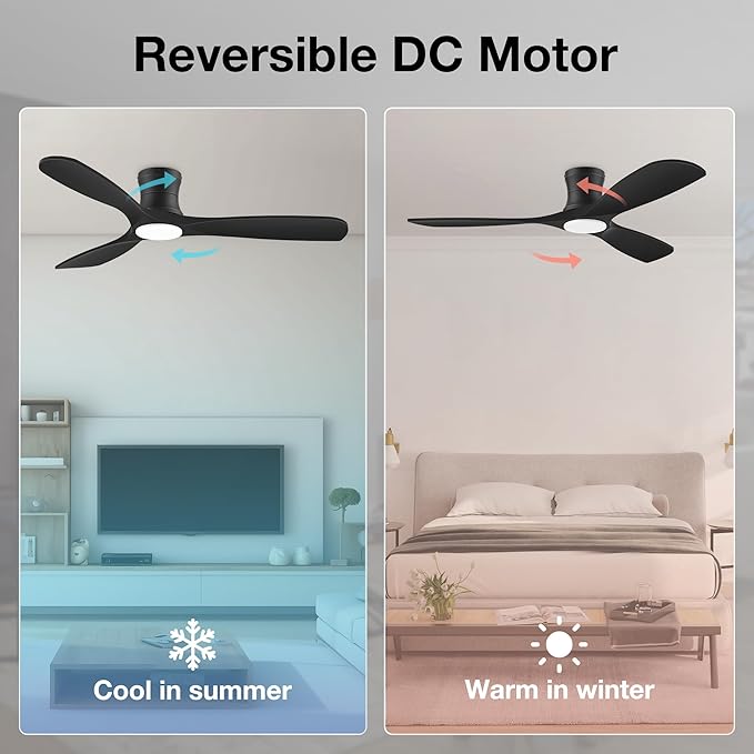 52inch Wood Ceiling Fans with Lights and Remote,Low Profile Modern Black Ceiling Fan with Light,Outdoor Indoor Flush Mount Ceiling fan,for Bedroom Living room Patio,3 Blades,Dimmable LED,Quiet