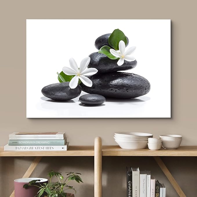 wall26 Canvas Print Wall Art White Daisy Flower Black Ocean Beach Zen Pebbles Nature Wilderness Photography Realism Rustic Landscape Colorful Multicolor for Living Room, Bedroom, Office - 12"x18"