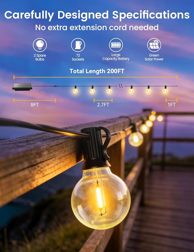 Brightever G40 Solar String Lights Outdoor with Remote, 200FT 72+2 LED Shatterproof Bulbs, Dimmable & Timable, 3 Lighting Modes, Waterproof Solar Power Outdoor Lights for Patio, Market, Wedding