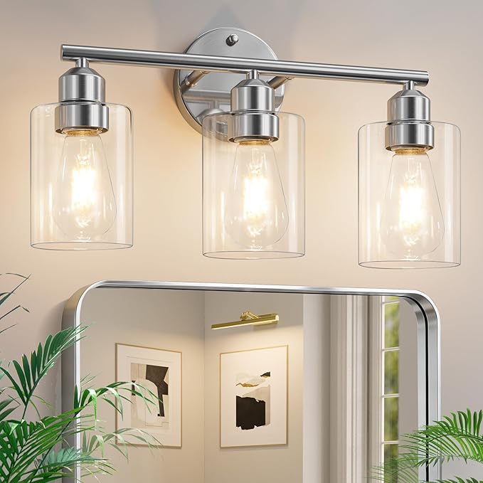 3-Light Bathroom Vanity Light Fixture, Modern Wall Lamp for Mirror with Clear Glass Shade, Silver Finish