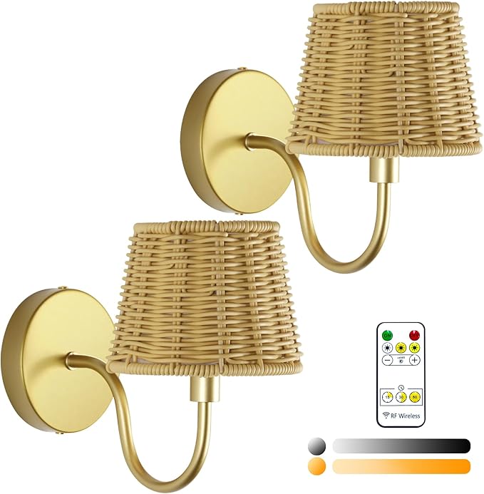 Battery Operated Wall Sconce Set of 2, Rechargeable Wireless Rattan Wall Sconces with Dimmable Detachable Magnetic Bulbs and Remote, 3 Colors Wall Lights for Bedroom Living Room Hallway