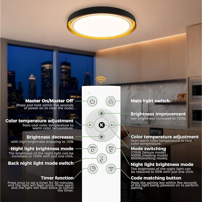 zemty 13inch Morden Black LED Flush Mount Ceiling Lights with Remote, 3 Color Temperature Selectable/Dimmable, 24W 2400LM Light Fixture with Amber Night Light for Bedroom Bathroom Kitchen Basement