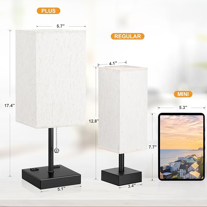 aooshine Medium Table Lamp with USB Ports - 3 Color Temperature Bedside Lamp for Bedroom, Pull Chain Control, USB A and C Ports, 2 AC Outlets, Bulb Included