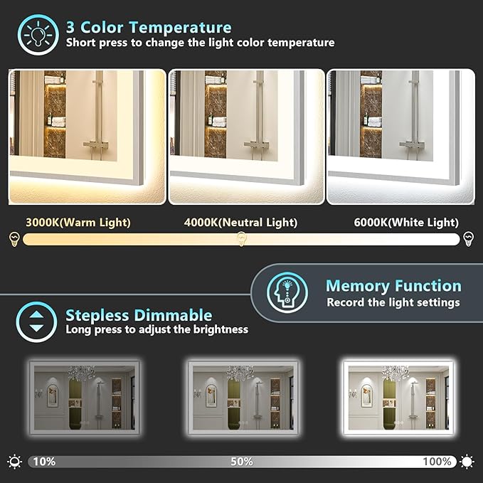84x32 Brushed Nickel LED Bathroom Mirror with Lights, Sliver Framed Backlit and Front Lit Anti-Fog Lighted Vanity Mirrors for Bathroom Wall, Dimmable, 3 Colors, Memory, Tempered Glass, CRI＞90