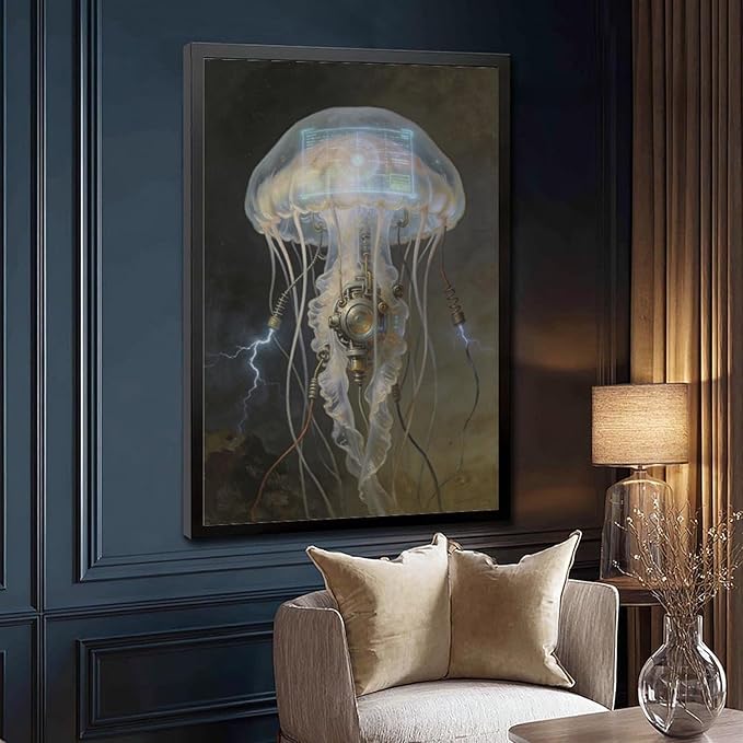 Framed Fantasy Wall Art for Living Room TV Wall Futuristic Tech Inspired Home Decor 24x36in