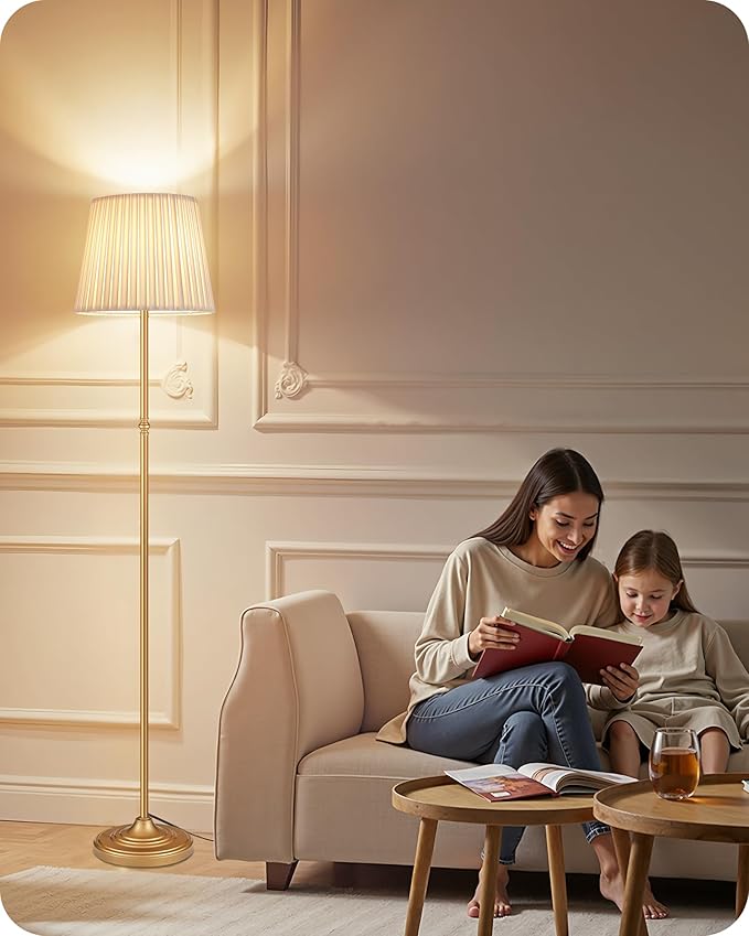 Dimmable Floor Lamp for Living Room, 68" Tall Standing Lamp, Reading Light with Remote & Foot Pedal, 10W LED Bulb (3000K-6500K) Included, FCC Listed, Reinforced Base, Gold and White DW12LD05