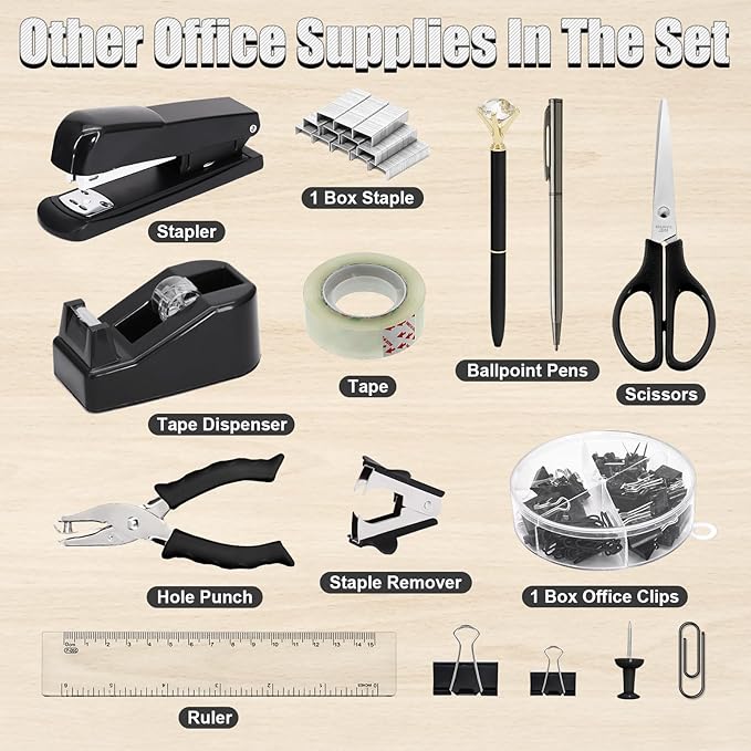 SYMDROMIA 13-in-1 Office Desk Organizer Set with Stapler and Tape Dispenser, Pen Holder, Scissors, Ruler, Hole Punch, 2 Pens & More Desktop Accessories for Back to School Supplies (Black)