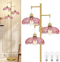 Vintage Floor Lamps for Living Room-3 Light Gold Dimmable Floor Lamp with Three Bulbs & Glass Lampshape, Mid Century Modern Standing Lamp Tree Tall Flower Floor Lamp for Bedroom Living Room,Corner