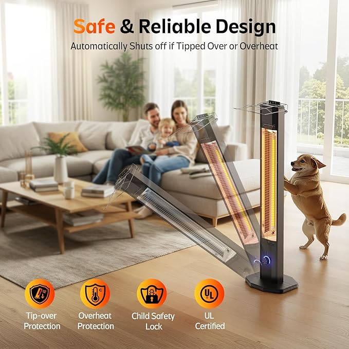Outdoor Electric Patio Heater, 42-inch 1500W Infrared Tower Heater with 9 Heat Settings & 9H Timer, IPX5 Waterproof, Safety Lock, Tip-Over & Overheat Protection Space Heater for Indoor & Outdoor Use