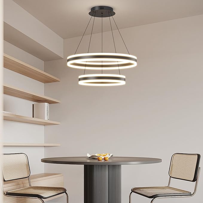 LED Modern Pendant Chandelier, 2 Ring Circular Black Ceiling Pendant Light Fixture, Dimmable 3000K-6500K, Adjustable Flush Mount Hanging Lights for Dining Room, Kitchen Island, Living Room, Office