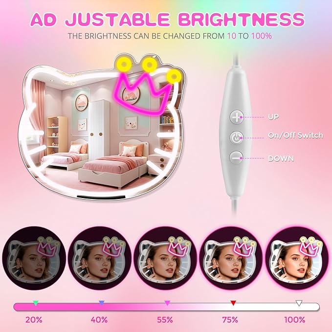 Anime Vanity Mirror with Neon Sign, 15.3 x 13.3 Inch USB Powered Makeup LED Mirror with Adjustable Brightness, Anime Style Room Wall Decor for Girls Teen Bedroom Women Children Gift Birthday Christmas