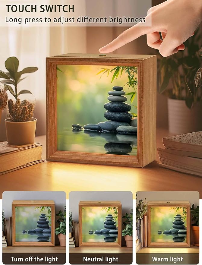 Wood Night Light Box 4.5x4.5in,Zen Meditation Stone Lake Table Lights Wooden Picture Frame with USB Rechargeable Touch LED Lights for Home Decor Desktop Display,Nature Landscape Still Life