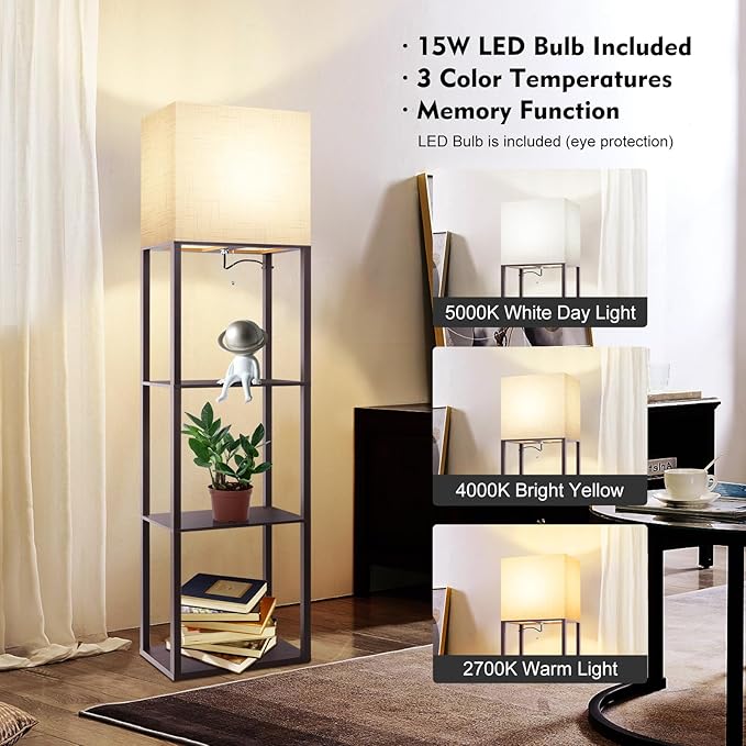 RUNTOP Plus - Floor Lamp with Shelves, Wide Shelf Lamp, Shelf Floor Lamp with 15W LED Bulb, 3 Colors Temperature, Memory Function, Large Display Storage, Standing Lamps for Living Room, Bedroom, Wood