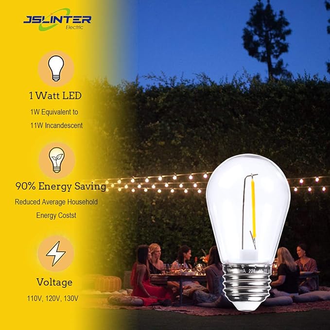 Jslinter 25 Pack Edison Bulb String Lights Outdoor, S14 Replacement Bulbs for Outdoor String Lights Waterproof 1W, E26 Base Led Light Bulb, 2700K Warm White Light Bulbs for Patio