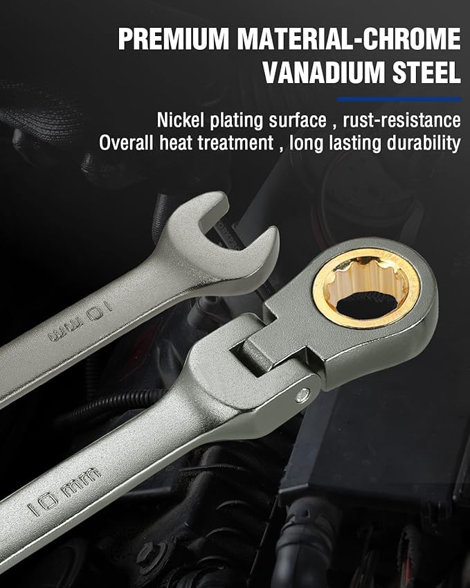 WORKPRO 10 mm Flex-Head Ratcheting Combination Wrench, Cr-V Constructed, Nickel Plating, 72-Teeth, 12 Point Design, Metric