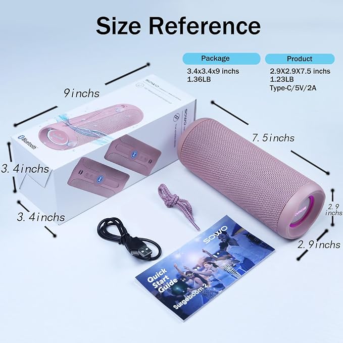 SOWO Outdoor Wireless Portable Bluetooth Speaker, IPX7 Waterproof Speaker, 25W Loud Sound, Bassboom Technology, TWS Pairing, 16H Playtime with Lights - Pink