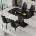 Modern Dining Table & Matching 4 Chairs, Rectangular - Black Marble Top with Leather Upholstery, Perfect for Dining Room (Set of 1 Table + 4 Chairs)
