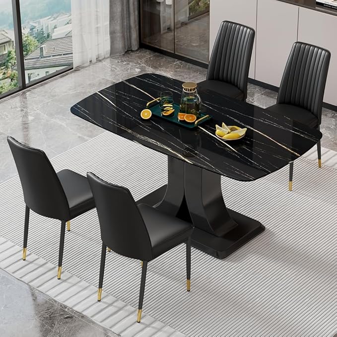 Modern Dining Table & Matching 4 Chairs, Rectangular - Black Marble Top with Leather Upholstery, Perfect for Dining Room (Set of 1 Table + 4 Chairs)