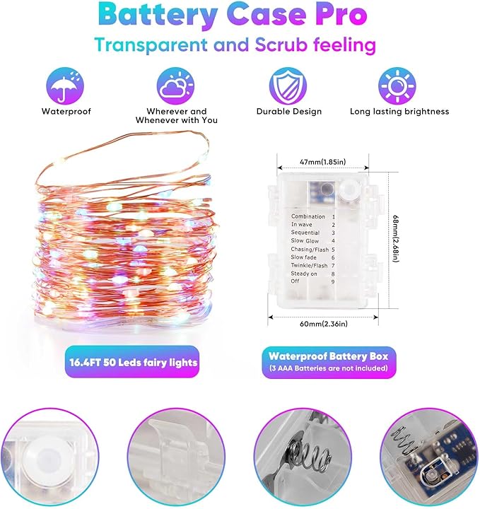 4 Pack 16.4 Ft. Battery Operated Outdoor String Lights with Remote & Timer, LED Multi Color Fairy Lights, Waterproof Twinkle Lights for Bedroom, Dorm, Mason Jar, Wedding, Party, Christmas