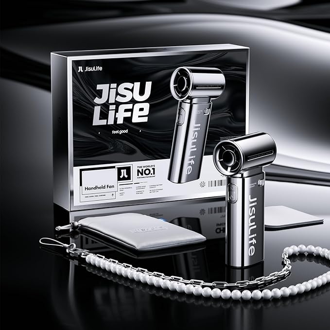 JISULIFE Portable Handheld Fan Life9, Turbo Power High Speed Air [18H Max Cooling Time], 5 Gear Wind, 5000mAh Rechargeable, Mini Pocket Design, Personal Fan for Travel Concerts Camping Makeup - Chrome