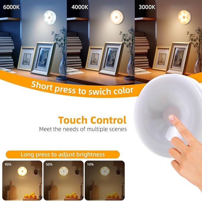 4 Pack Rechargeable Puck Lights with Remote & Touch Control, Wireless Under Cabinet Lighting, 3 Color Temperatures & Dimmable Stick on LED Lights, Magnetic Tap Light for Closet, Shelf Display, Kitchen