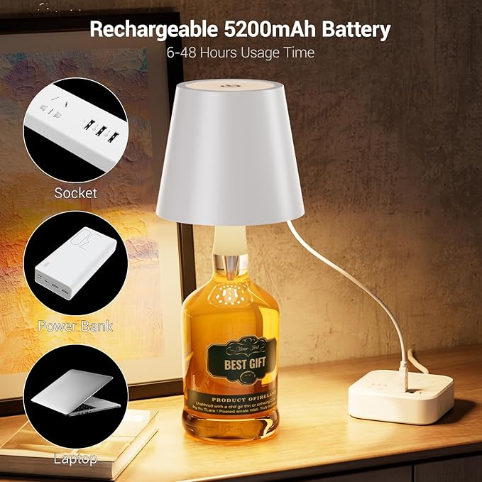 Wireless Bottle Lamp, Wine Bottle Lights with 3 Color Temperature, Rechargeable Stepless Dimming LED Bottle Lights for Liquor Bottles, Wireless Lamp for Bedroom Restaurant Bar-Yellow