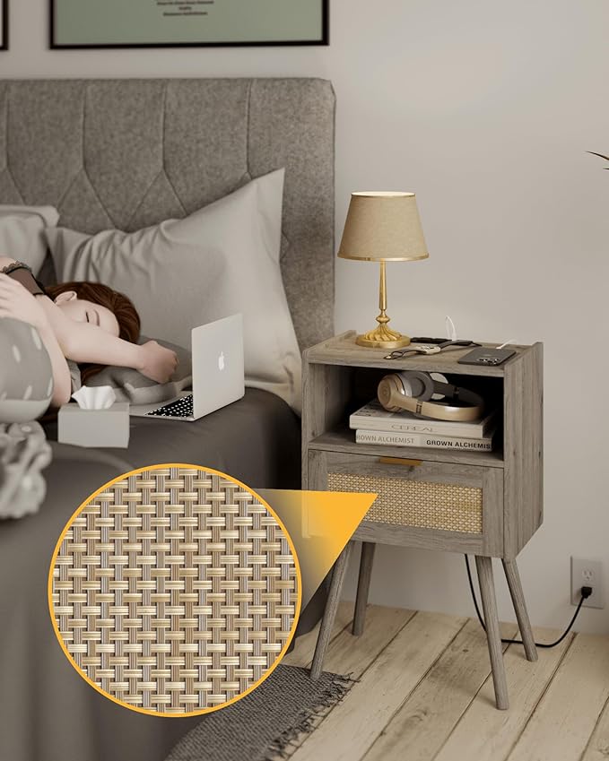 Rattan Nightstand with Outlet,Modern Bedside Table with Storage Drawer and Open Wood Shelf, for Living Room, Bedroom and Small Spaces, Accent Night Stand with Solid Wood Legs,Grey Oak