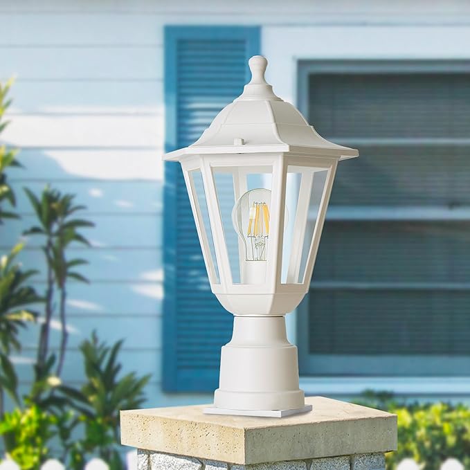 FUDESY Outdoor Post Light, Outdoor White Lamp Post Light Fixture with Pier Mount Base, Waterproof Pole Light Fixture with E26 Socket, Exterior Lamp Post Lantern for Garden Yard Patio Pathway