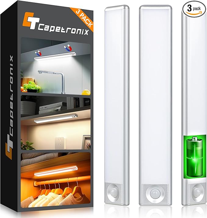 Under Cabinet Lighting, Rechargeable Battery Operated Motion Sensor Light Indoor with 3 Color Tempers Dimmable, Magnetic Closet Light, Wireless Under Counter Lights for Kitchen, Stairs, 3 Pack
