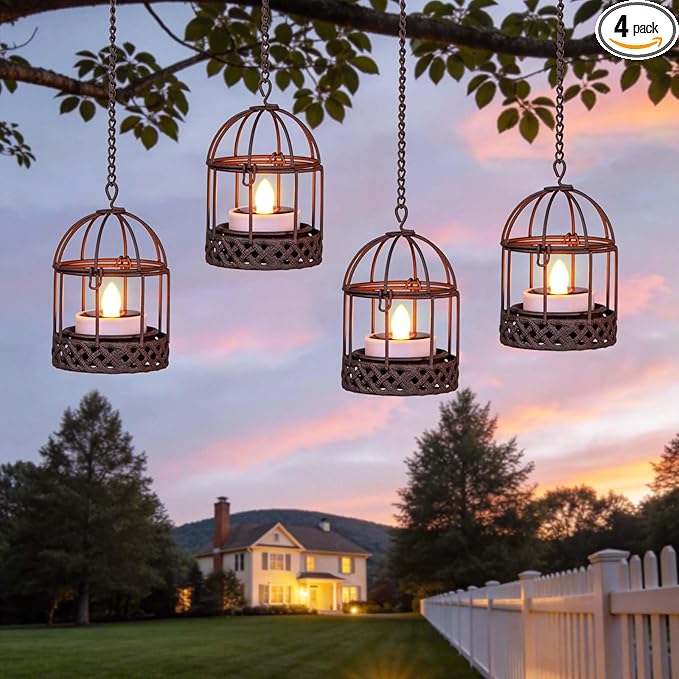 Solar-Hanging-Lanterns-Outdoor-Waterproof, Rust Birdcage Style Candle Holders with Flickering Solar Tea Lights for Backyard Patio Garden Fence Tree Decoration (4 Pack)