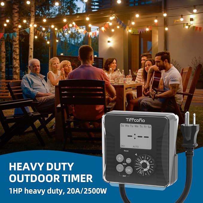TiFFCOFiO New Digital Outdoor Timer Waterproof, Dial Programmable Method, Outdoor Light Timer with 2FT Extension Cord, 2 Grounded Electrical Outlets for Lights, 6 Sets of Programs, 15A/1875W