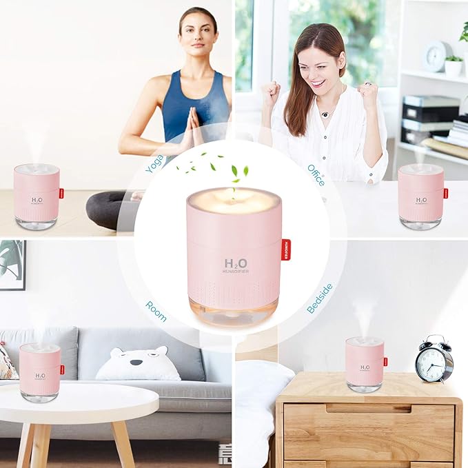 Portable Mini Cool Mist Humidifier, 500ml USB Personal Desktop Humidifier for Baby Bedroom, Travel, Office, Home - Auto Shut-Off, 2 Mist Modes, Super Quiet (Pink)