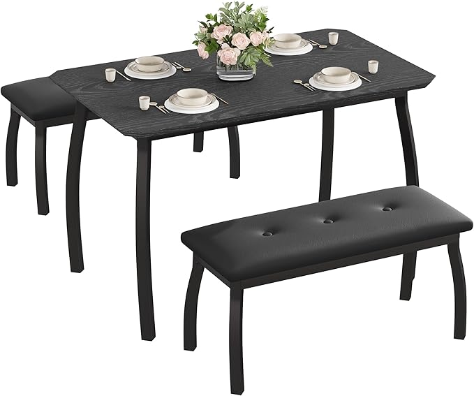 GAOMON Dining Table Set for 4, Metal Frame Kitchen Table Set with 2 Upholstered Bench, 3 Piece Dining Room Table Furniture for Apartment, Studio, Home, Easy Assembly, Black