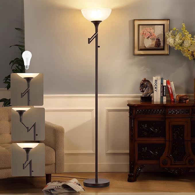 Floor Lamps for Living Room Bronze, 71" Tall Standing Lamp with Glass Shade, Vintage Floor Lamp with 350°Adjustable Swing Arm Lamp, Pole lamp for Bedroom, Living Room, Office, Bulbs Included