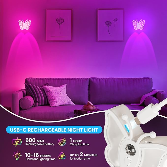 LOFTEK Rechargeable Motion Sensor Light, RGB Color Changing & Dimmable Night Light, Cute Butterfly Light for Kid's Bedroom, Bathroom, Hallway, Tent & Stairs - Ideal Home Decor & Gift, Pink of 4