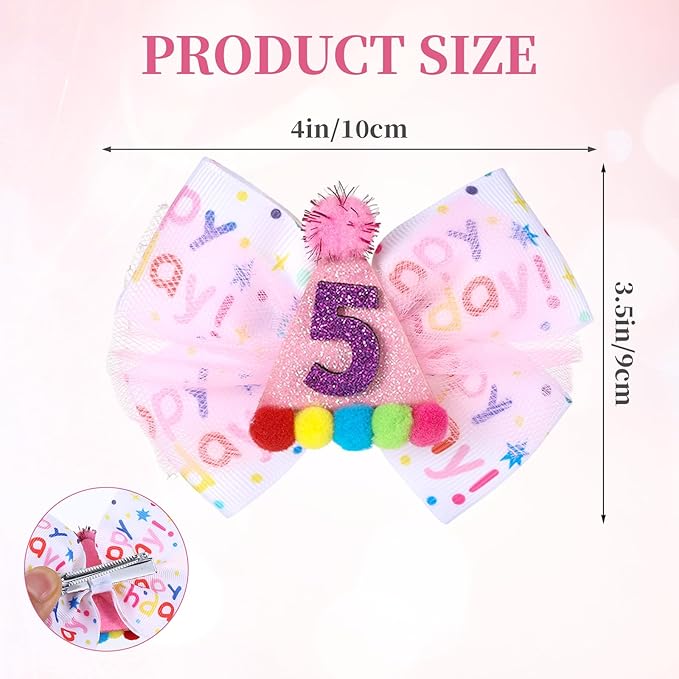 2Pcs Birthday Hair Bow for Baby Girls 1 2 3 4 5 6 Years, Pink Confetti Ice Cream Party Decorations, Sparkling Bows Hair Accessories for 5th Birthday