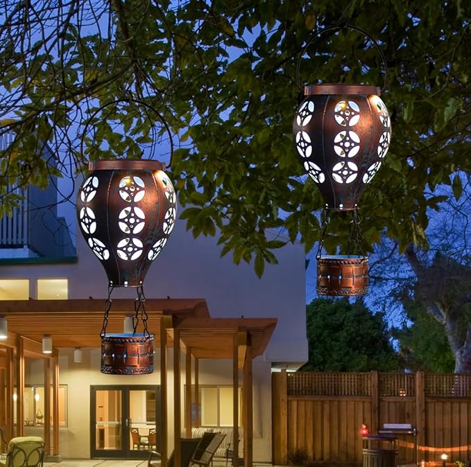 Hot Air Balloon Solar Lantern for Garden Decor,2 Pack Matal Hanging Lantern,Outdoor Metal LED Solar Lights for Yard Patriotic Trees Decor