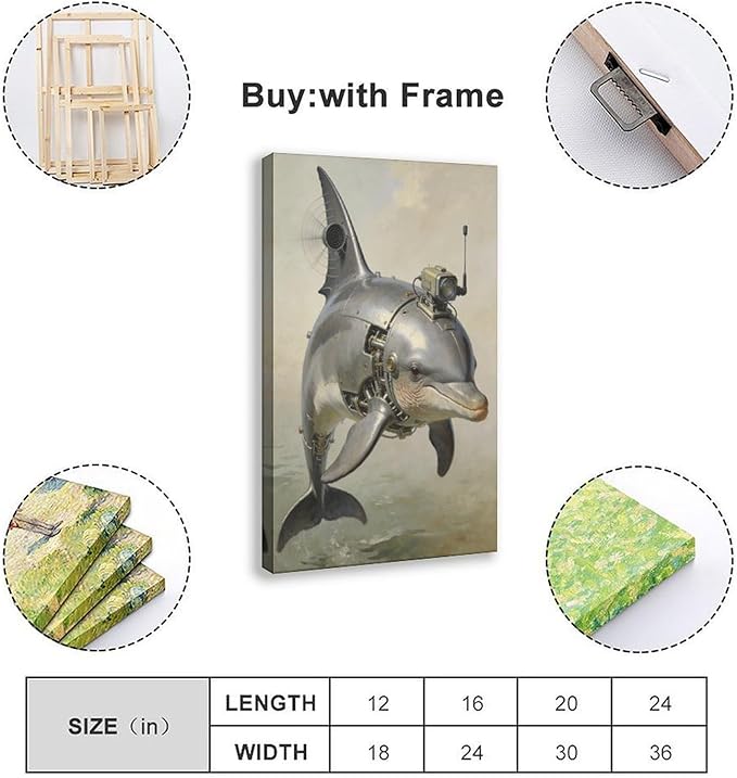 Framed Steampunk Mechanical Dolphin Wall Art - Marine Retro-Futuristic Poster for Beach House Living Room Decor 12x18inch(30x45cm)