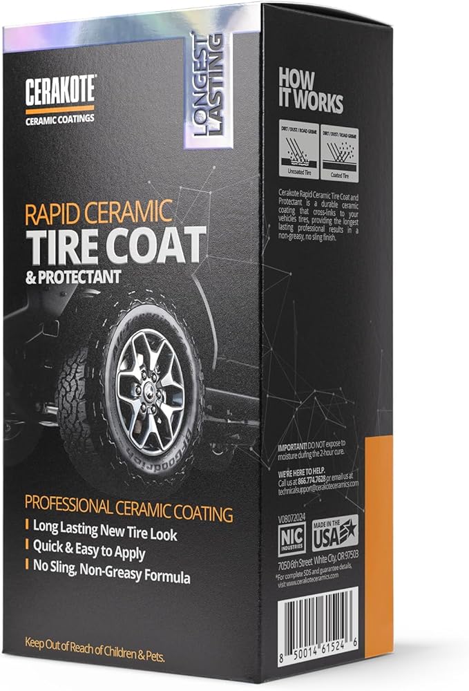 CERAKOTE Rapid Ceramic Tire Coat – Showroom New Tire Shine – Deep Tire Black Finish – Lasts Up to 10x Longer – No Sling, Non-Greasy Ceramic Tire Coating for Car, Truck & SUV – Easy Application (10oz)