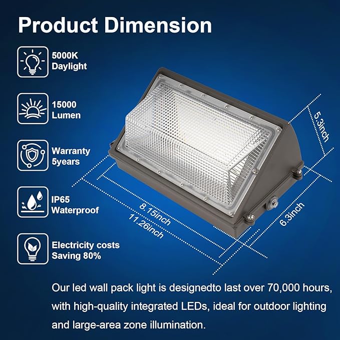 100W LED Wall Pack Light with Dusk to Dawn Photocell,15000LM 5000K Daylight,AC100-277V Input,650W HPS/HID Replacement, Warehouses,Industrial,Building Perimeters,Garden Garage,ETL Listed,