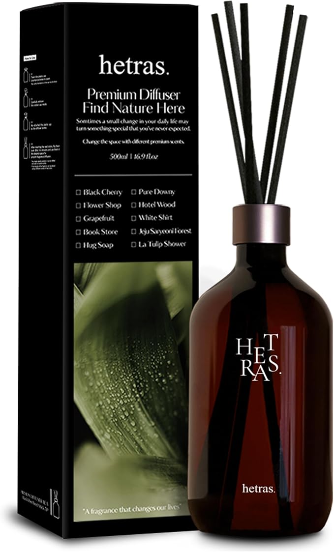 hetras Premium Reed Diffuser Set 16.9 fl.oz. 1 Pack | Jeju Saryeoni Forest - Citrus & Greenery Scent | Long-Lasting Luxury Fragrance with 10 Reed Sticks for Home & Office | Gifts for Loved One