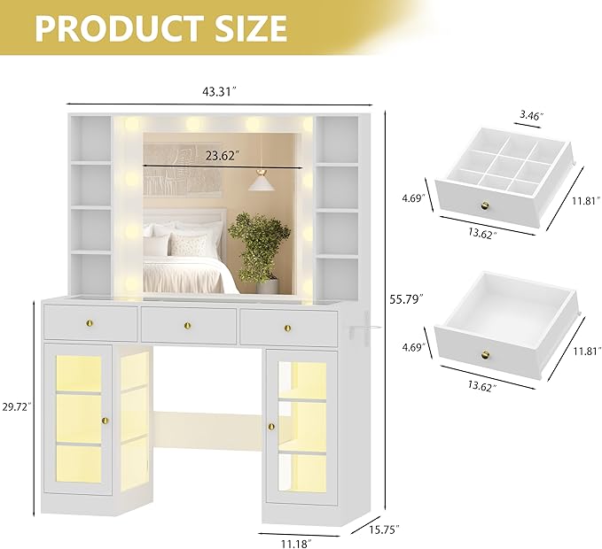 Makeup Vanity Desk with Mirror and Lights, Glass Top Vanity Table Set with Drawers & Power Outlet, Large Dressing Table with 3 Color Lighting Modes & RGB Cabinets for Women Girls Kids Bedroom, White