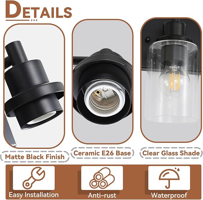 LOUSACE 5 Light Bathroom Vanity Light, Matte Black Bathroom Light Fixtures Over Mirror, Modern Bathroom Lighting with Clear Glass Shade, Black Farmhouse Wall Sconces Lighting Fixture for Bedroom