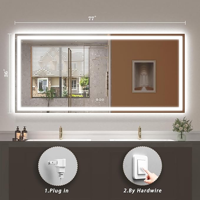 77x 36 inch Large Lighted Bathroom Mirror for Wall, LED Illuminated Vanity Mirror with Lights, Dimmable, Anti-Fog, ETL Listed (Backlit and Front Lighted)