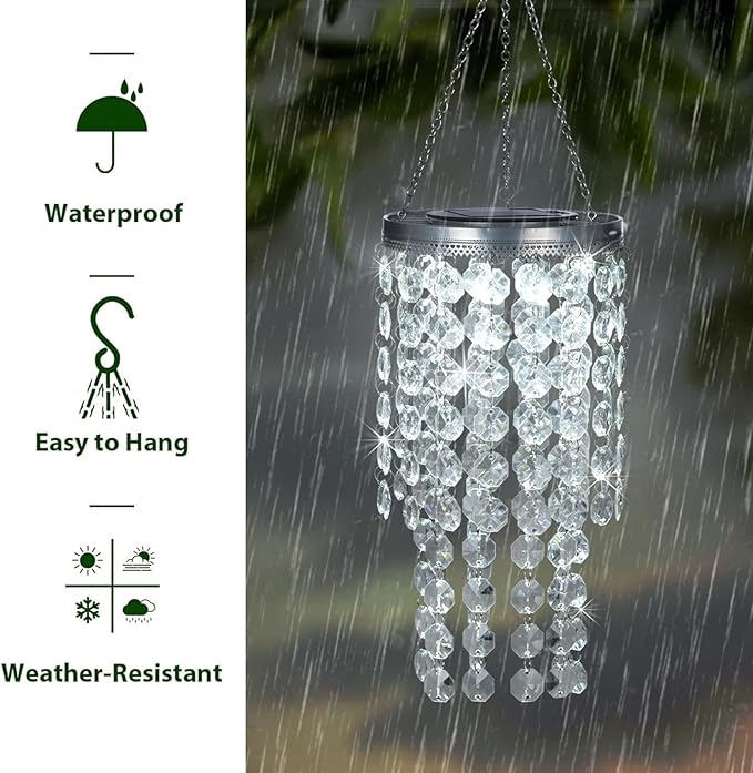 Hanging Solar Crystal Chandelier Outdoor, 21” Modern Solar Transparent Acrylic Beaded Lantern with Cool White LED S Hooks for Garden Yard Patio Gazebo Outside Decor