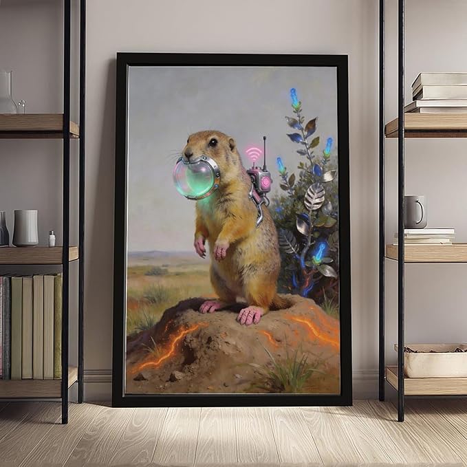 Framed Steampunk Mechanical Prairie Dog Wall Art - Retro-Futuristic Wilderness Poster for Living Room Game Room Decor 20x30in