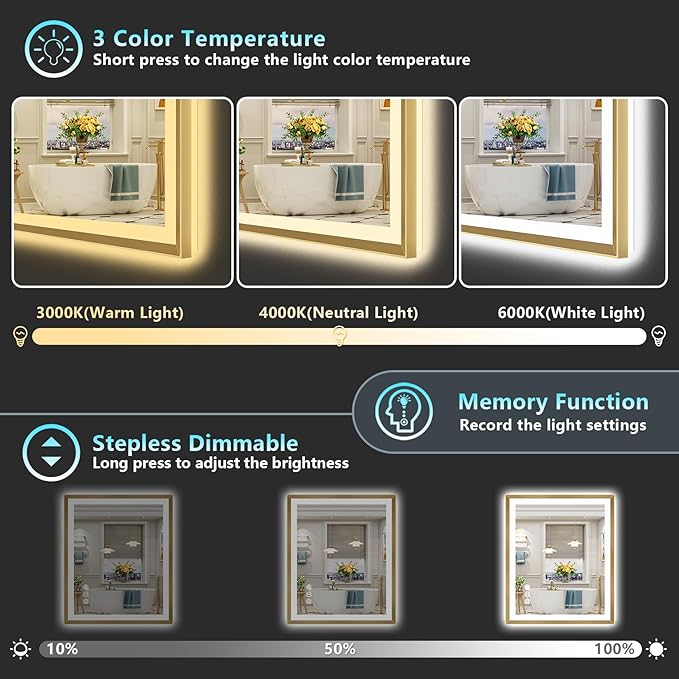 32x36 Gold Beveled LED Bathroom Mirror with Lights, Brushed Gold Framed Backlit and Front Lit Anti-Fog Lighted Vanity Mirrors for Bathroom Wall, Dimmable, 3 Colors, Memory, HD Tempered Glass