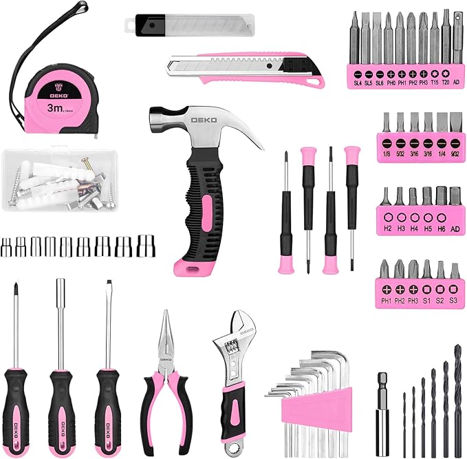DEKOPRO Drill Set, Home Tool Set with 8V Pink Cordless Drill, Hand Tool Kit for Women, 126 pcs
