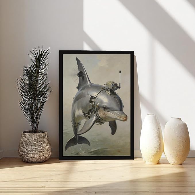 Framed Steampunk Mechanical Dolphin Wall Art - Marine Retro-Futuristic Poster for Beach House Living Room Decor 20x30in